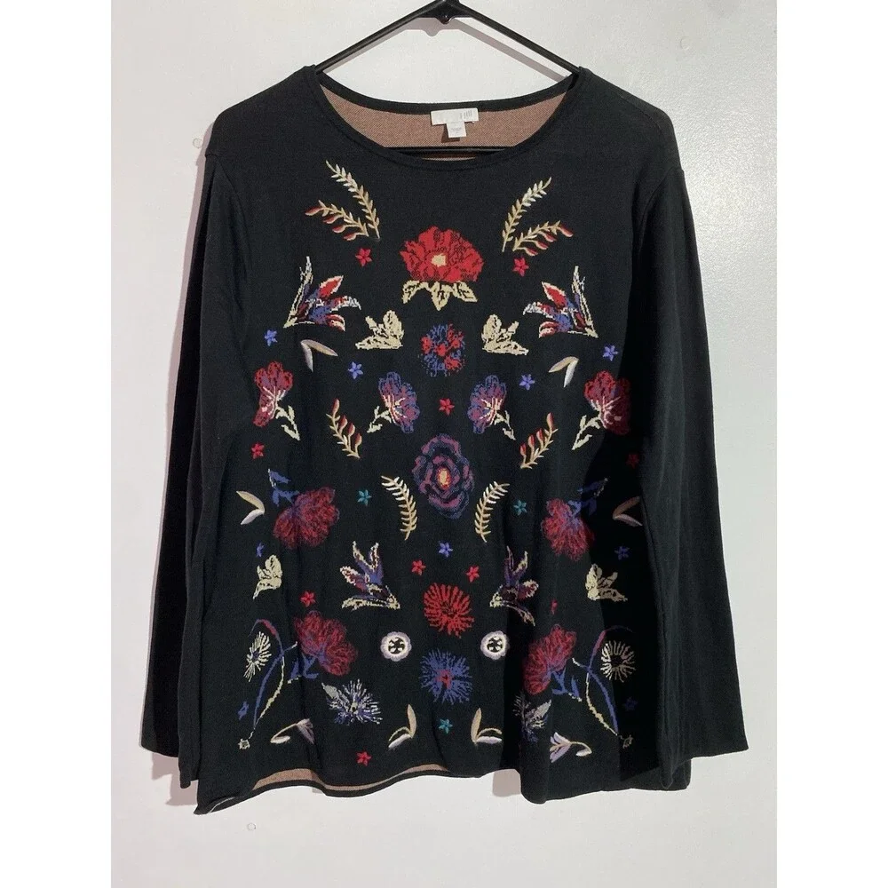 J Jill Sweater Large Black Red Embroidered‎ Floral Boho Cottagecore Feminine